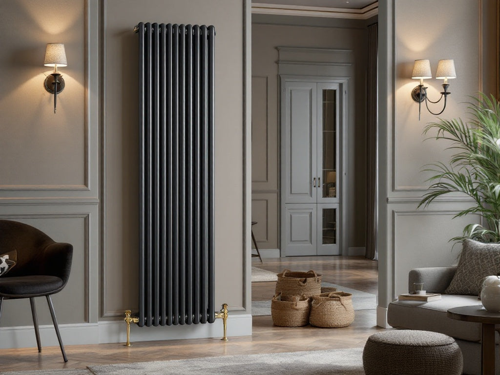 Anthracite vertical column radiator with gold brass freestanding legs in a classical luxury living room setting