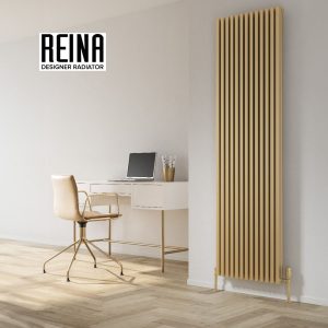 Reina Albano Vertical Aluminium Radiator in brushed gold finish in a modern home office setting with Reina Designer Radiator branding