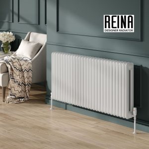 Reina Hedingham white horizontal mild steel designer radiator in a classic living room with teal panelled wall, armchair and floral arrangement, with Reina branding
