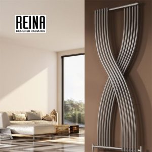 Reina Dimaro Chrome Vertical Radiator – Lifestyle Promotional Image in Living Room Setting