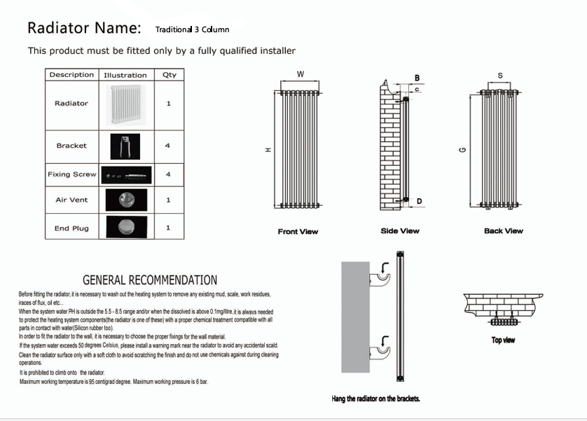 Traditional 3 Column Horizontal Radiators 400 Height