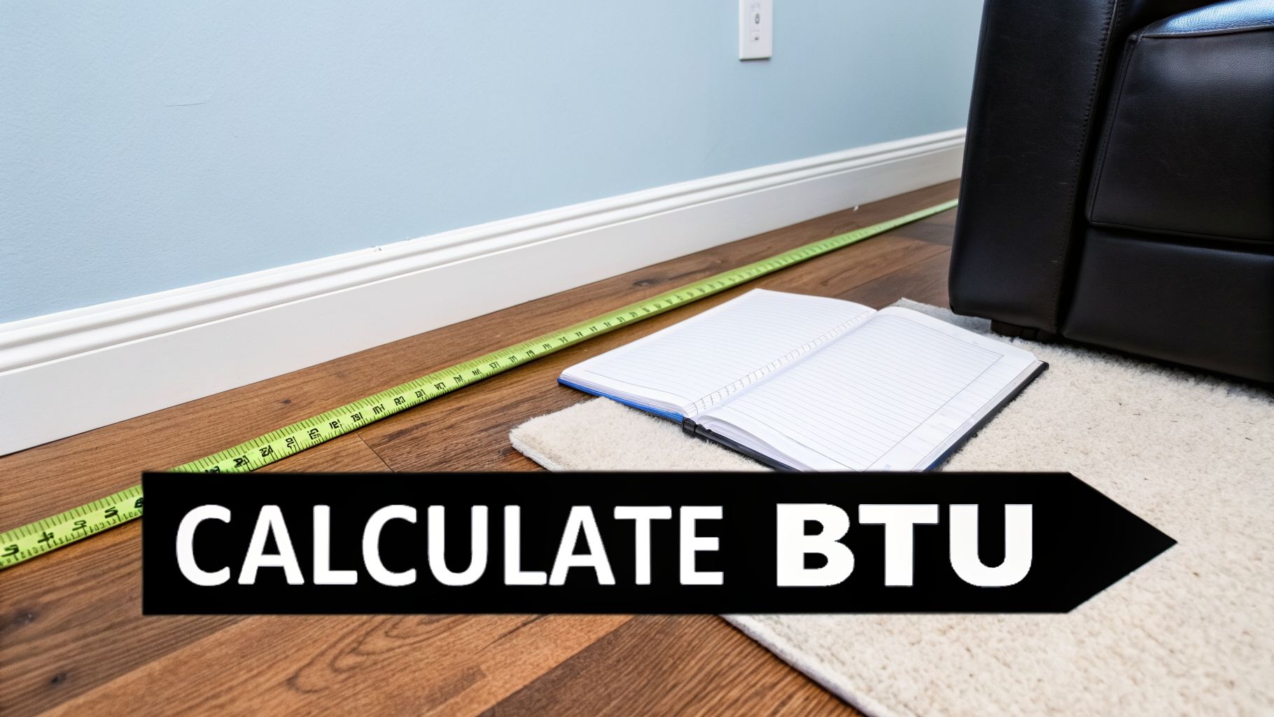 A measuring tape and open notebook on a wooden floor with 'CALCULATE BTU' text overlay, suggesting heating calculations.