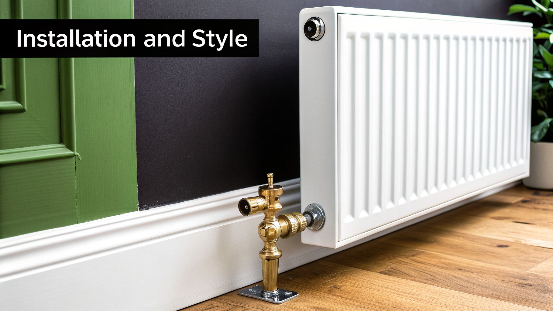 White radiator with stylish brass valves installed against a split green and black wall.