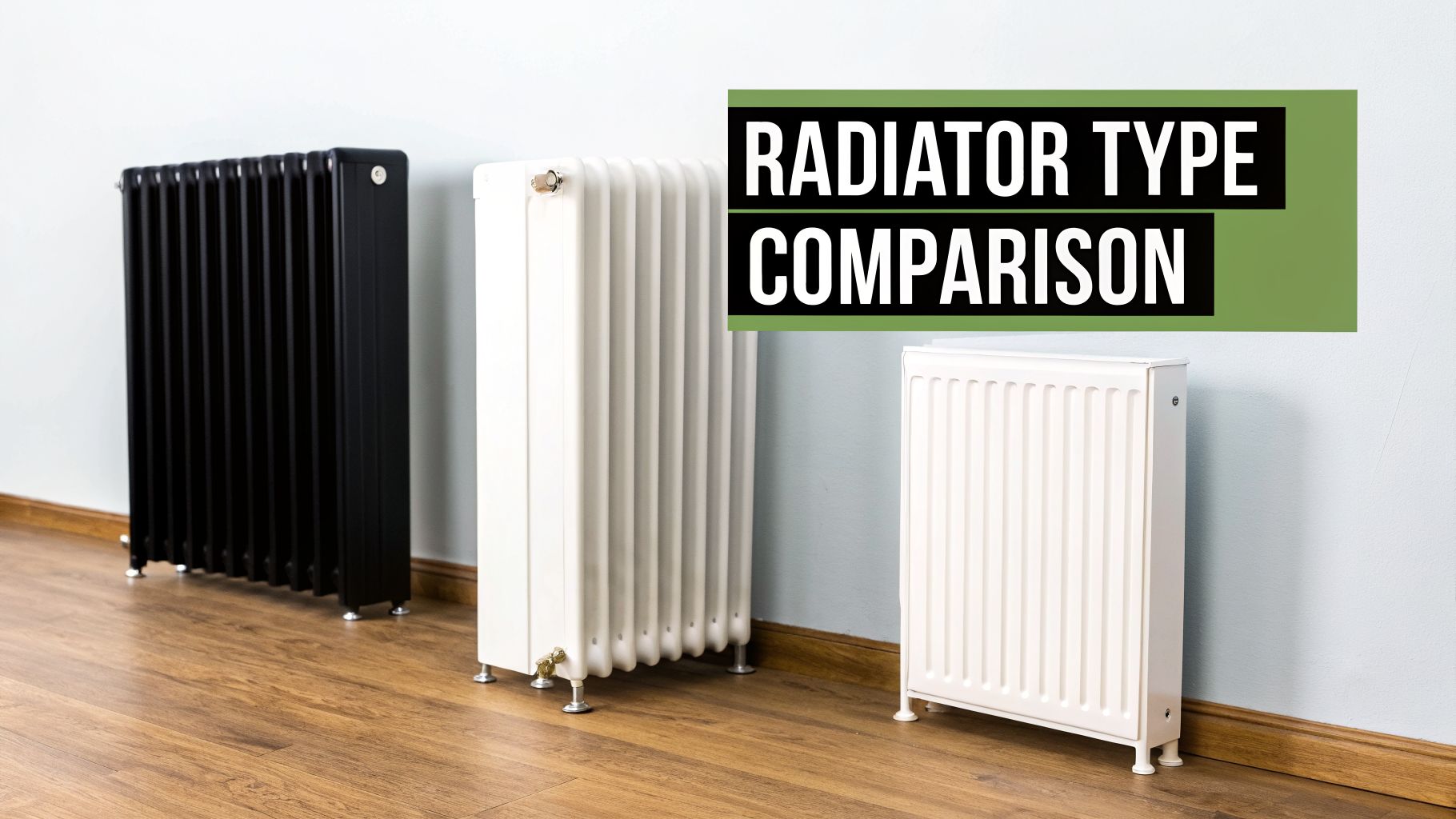 Three different radiator types: black, white classic, and white modern panel, on a wooden floor.