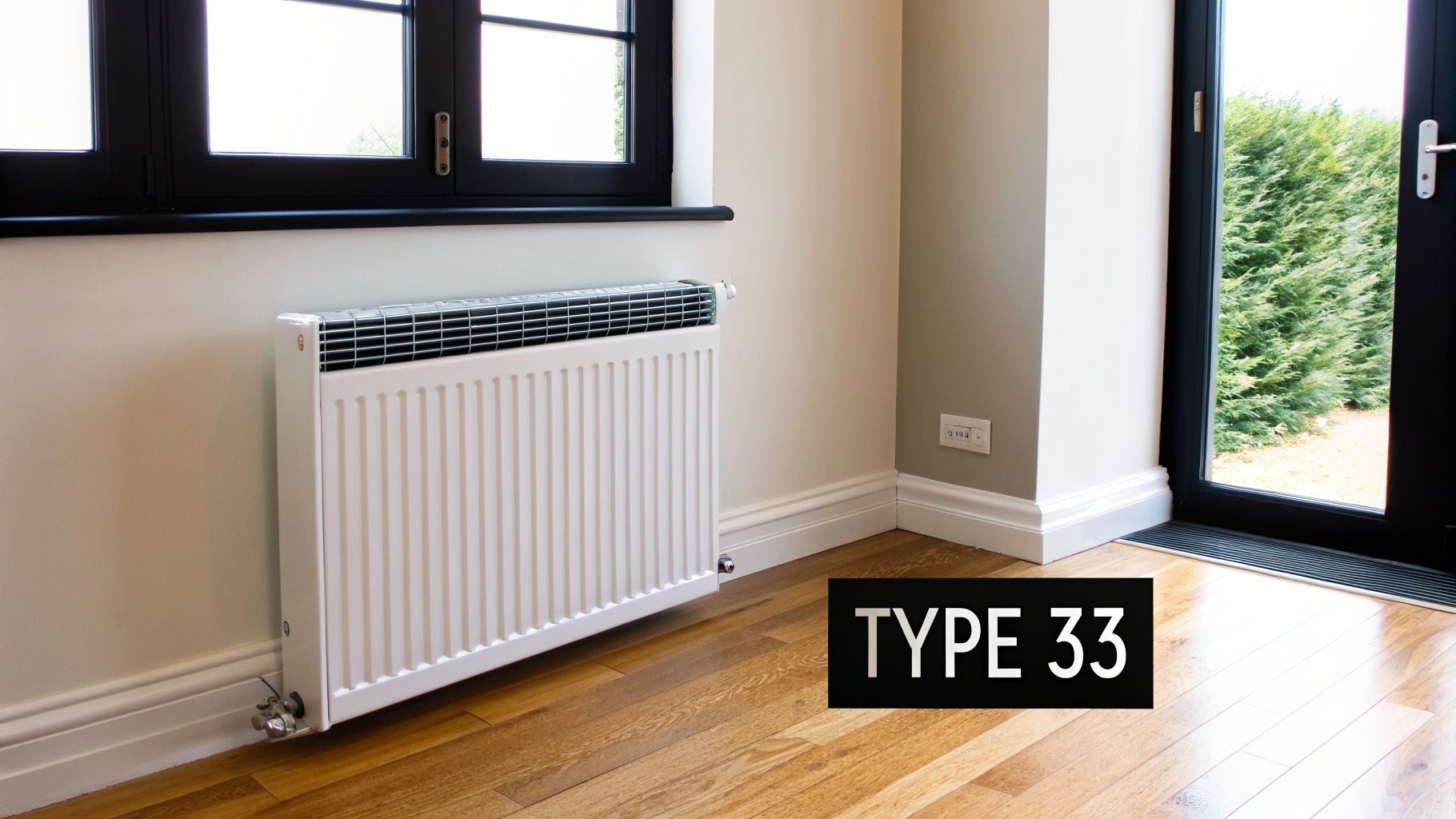 A white Type 33 radiator mounted on a light wall, beneath a black-framed window, in a room with wooden flooring.