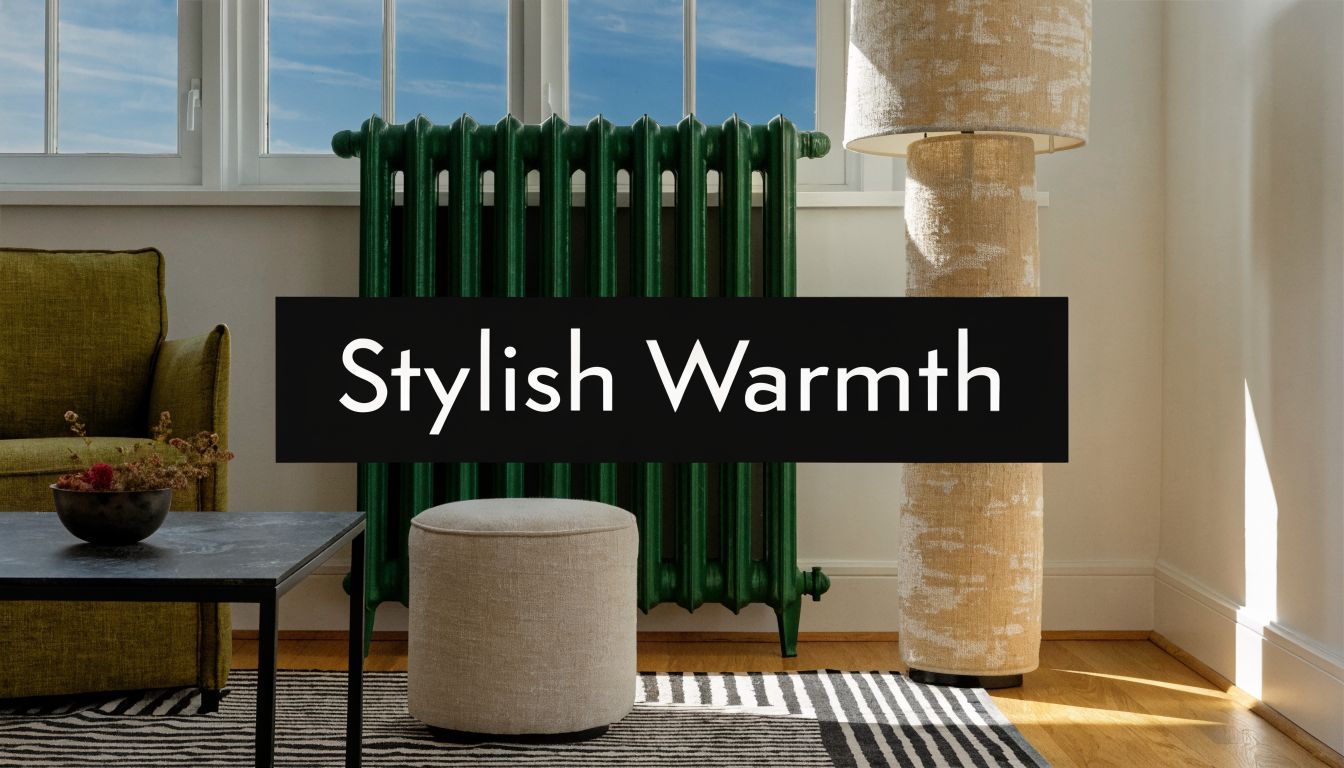 A modern living room featuring a green vertical radiator placed against a white wall near a window.