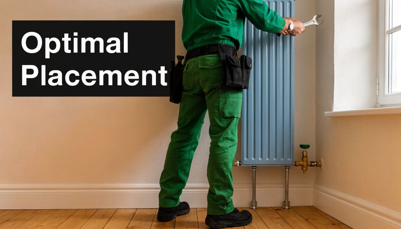 A professional technician in green workwear installing a vertical radiator on a white indoor wall.