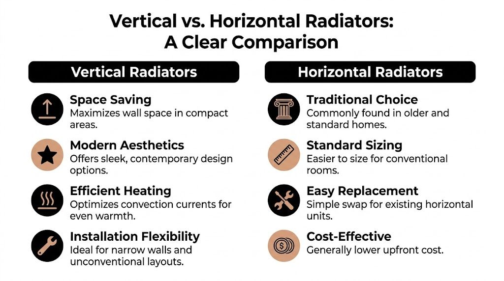 A comparison chart outlining the pros and cons of vertical versus horizontal radiator designs for home heating.