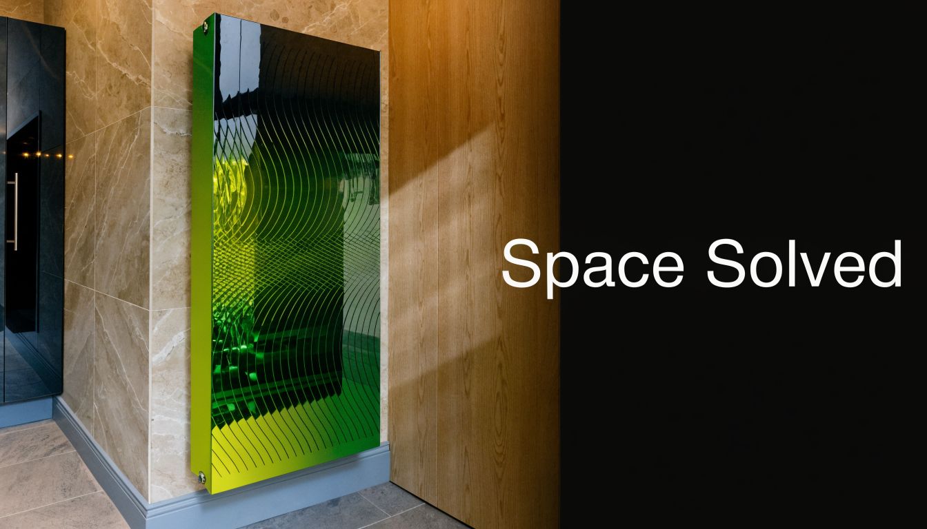 A modern vertical radiator with a sleek green and black wavy pattern design mounted on a wall.