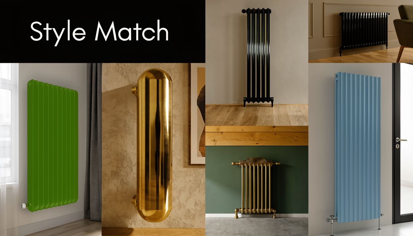 A collage showcasing various styles of modern and traditional vertical radiators in different colors and materials.
