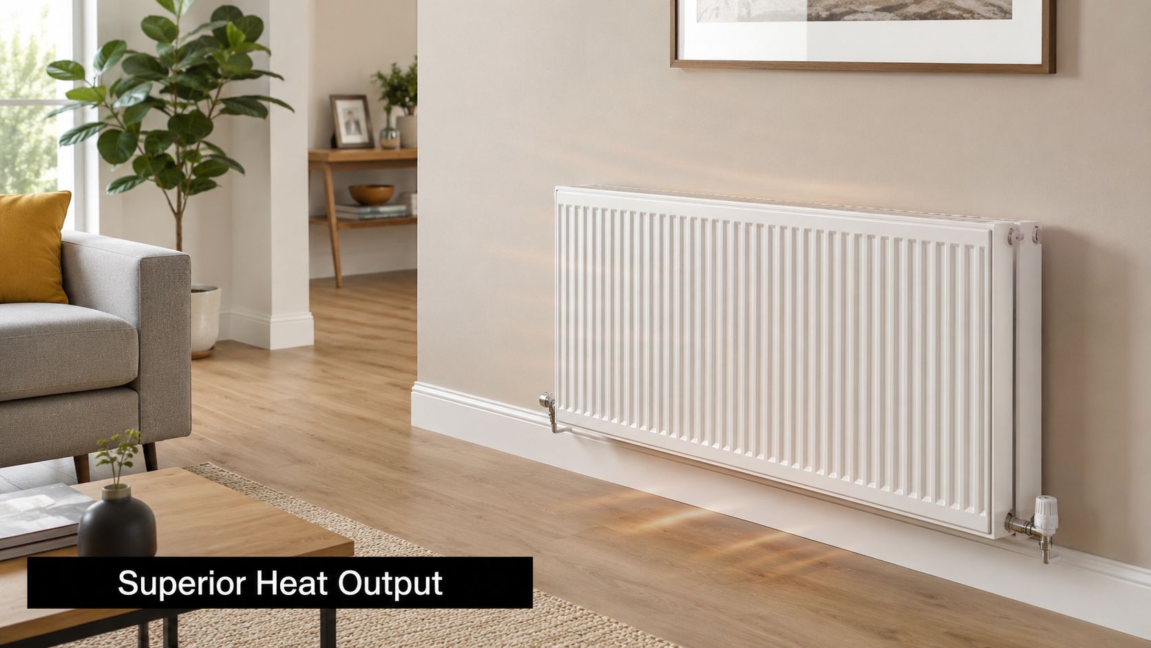 A clean, modern white double panel double convector radiator mounted on a light beige wall in a living room.