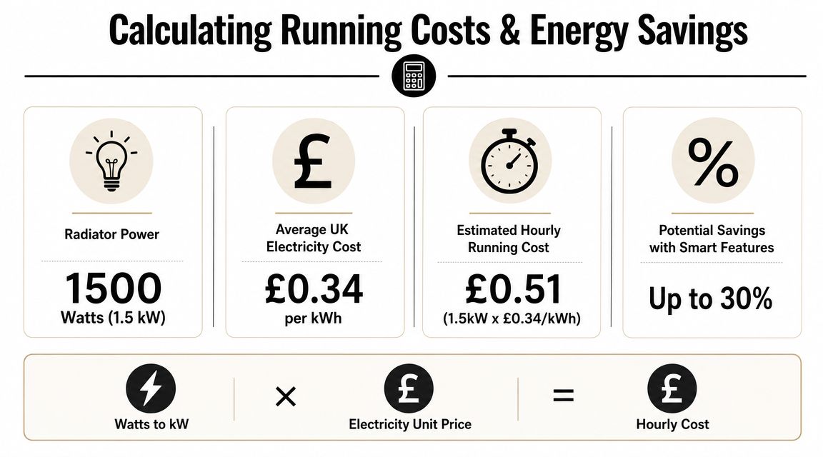 An infographic illustrating how to calculate the hourly running costs and potential energy savings for electric radiators.