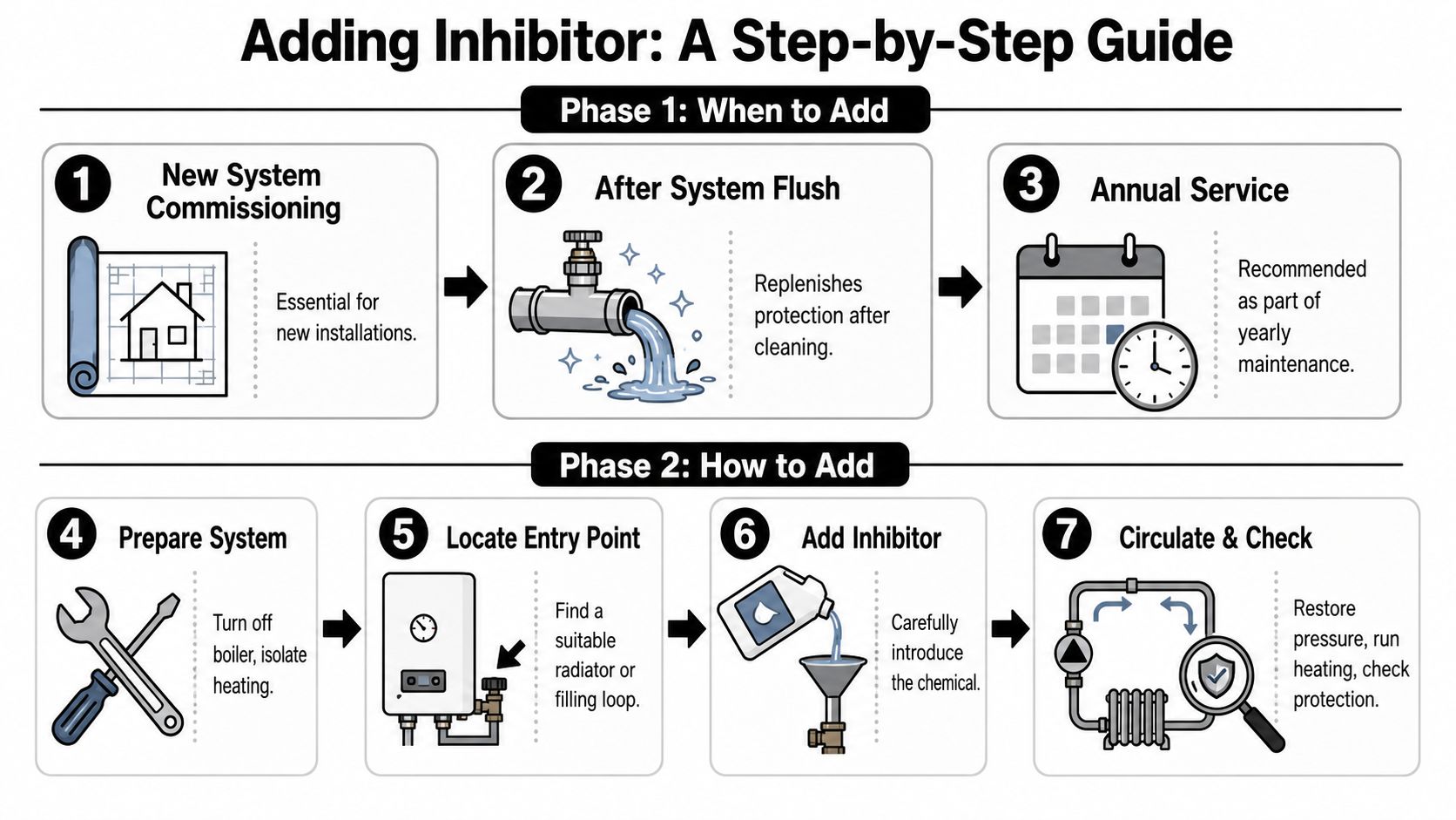 A step-by-step infographic guide explaining when and how to add inhibitor to a central heating system.