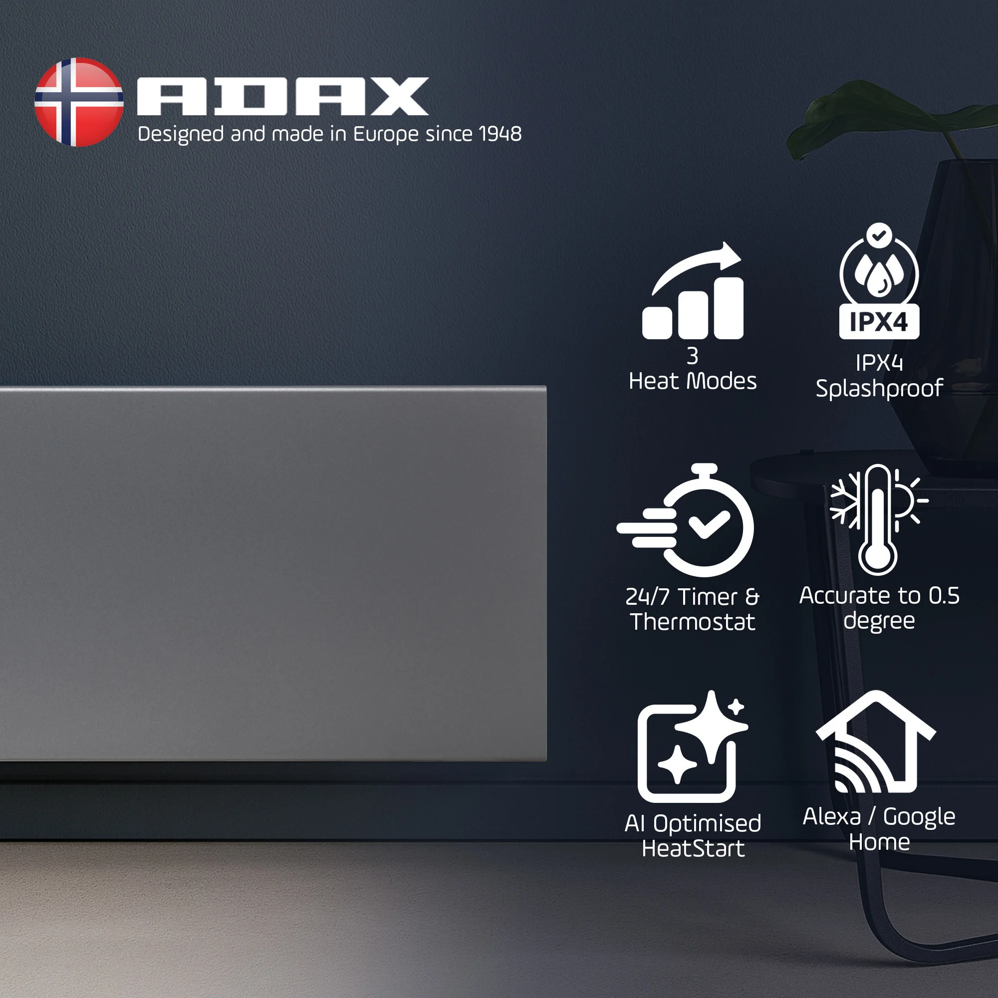 Adax Neo WIFI Electric Panel Heater, Wall Mounted, 2000W, Lava Grey 420 x 955
