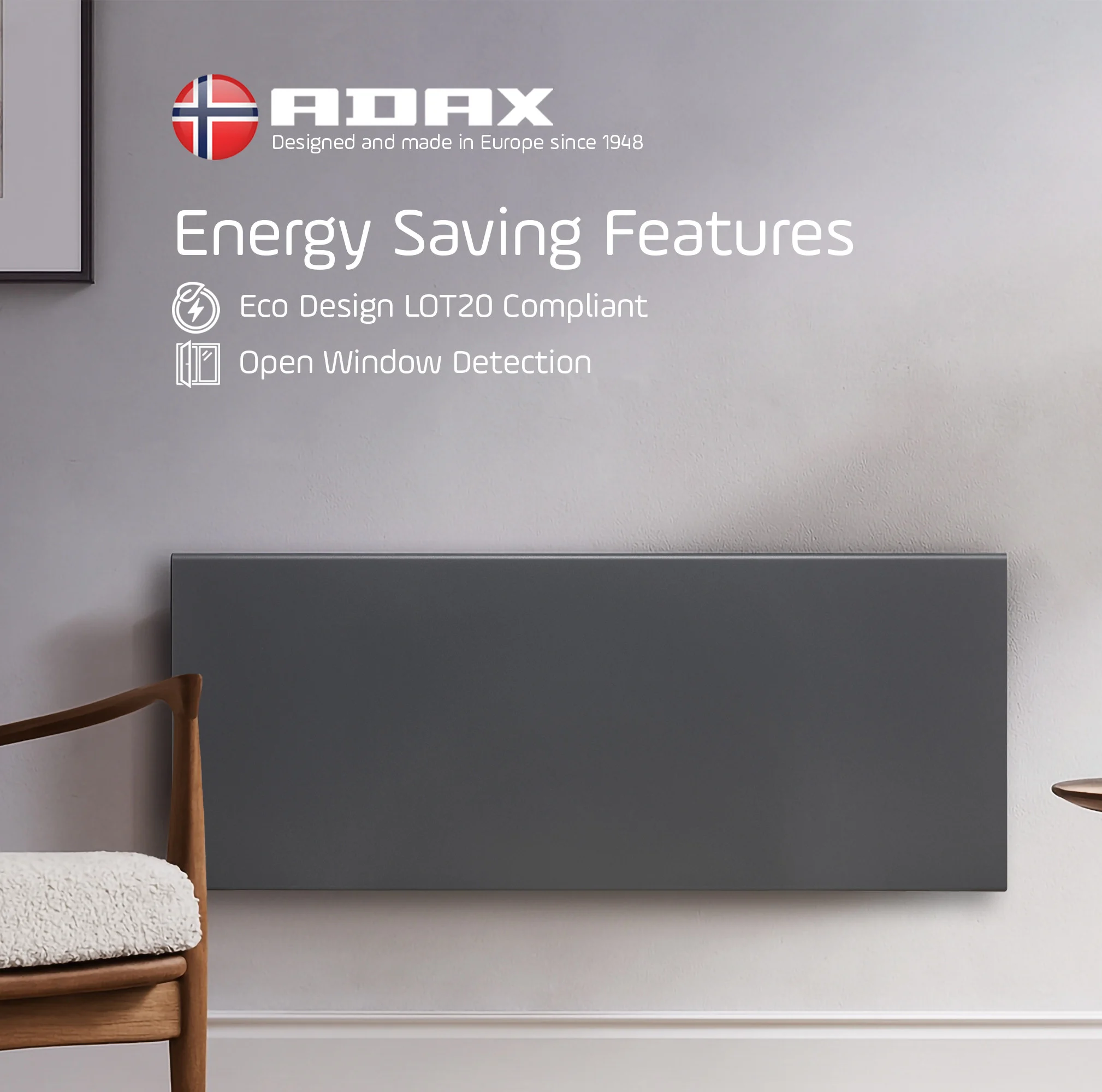 Adax Neo WIFI Electric Panel Heater, Wall Mounted, 2000W, Lava Grey 420 x 955