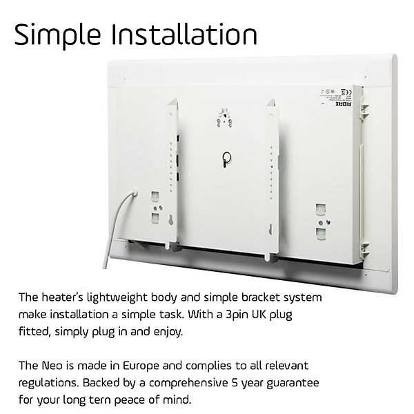 Adax Neo Electric Panel Heater, Wall Mounted, 2000W, White 370 x 1394