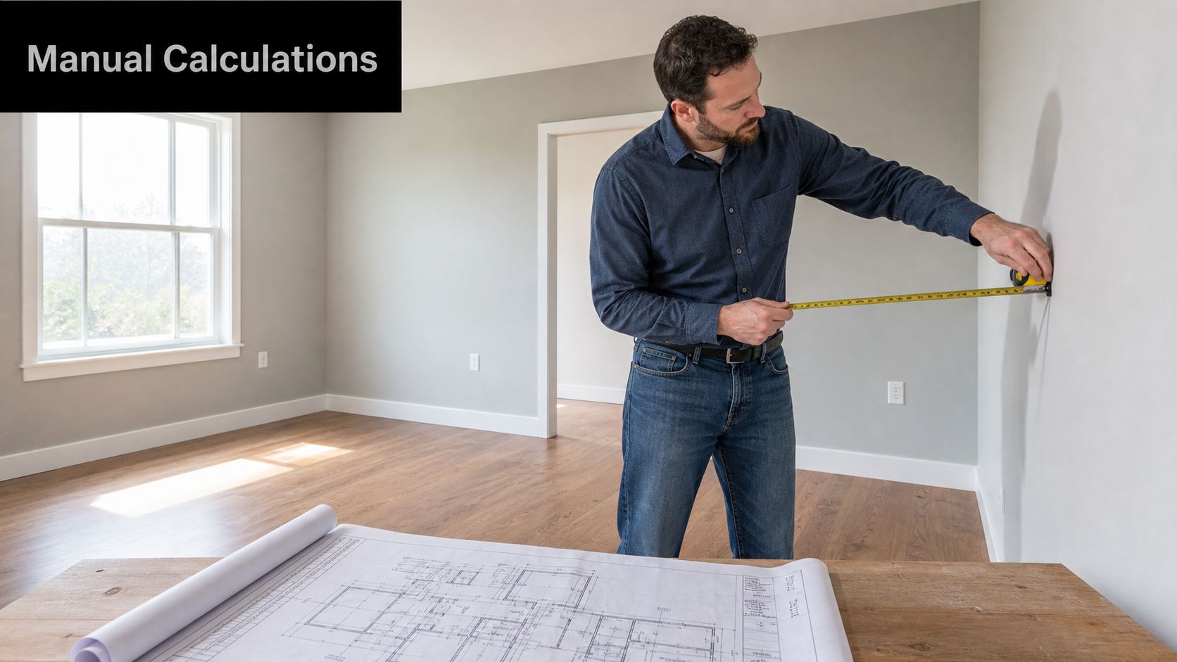 A professional contractor measures a room wall with a tape measure while architectural blueprints sit on a table.