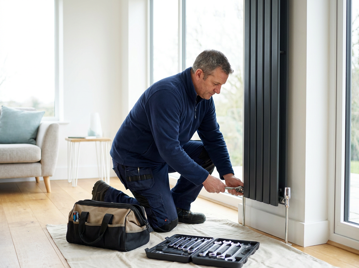 Professional radiator installation in a UK home — critical for period heat pump projects