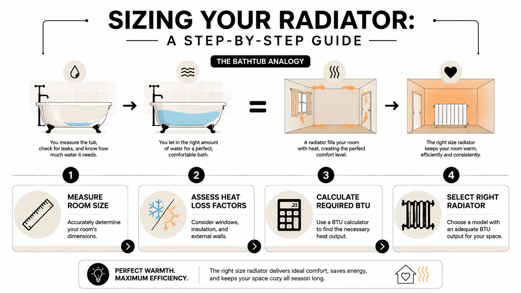 An infographic titled Sizing Your Radiator illustrating a four-step guide for choosing the correct heater size.
